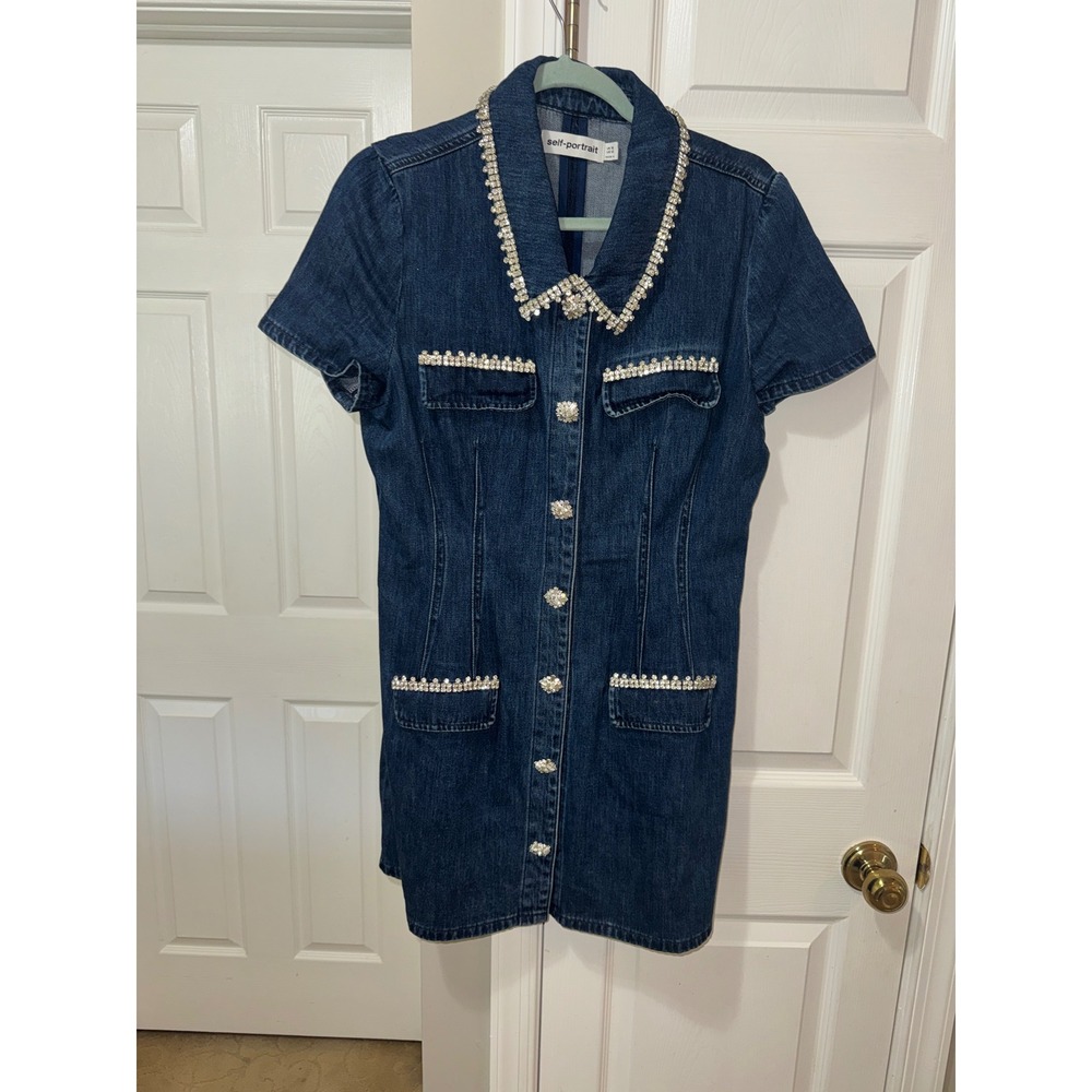 Self-Portrait Rhinestone Trim Denim Mini Dress Dark Wash Crystal Button US 12 - Picture 6 of 12